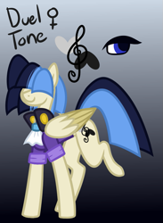 Size: 635x868 | Tagged: safe, artist:eppyminecart, derpibooru import, oc, oc only, oc:duel tone, pegasus, pony, clothes, female, gradient background, hair over eyes, icey-verse, magical lesbian spawn, mare, next generation, offspring, parent:sapphire shores, parent:songbird serenade, parents:sapphire songbird, solo, suit