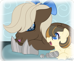 Size: 1556x1300 | Tagged: safe, artist:ipandacakes, derpibooru import, dumbbell, oc, oc:double dribble, pegasus, pony, adopted offspring, amputee, bow, father and child, father and daughter, female, hair bow, hoof shoes, kindverse, lipstick, male, movie accurate, parent and child, parent:dumbbell, parent:hoops, parent:zippoorwhill, parents:dumbhoops, prosthetic limb, prosthetics