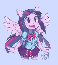 Size: 2200x2494 | Tagged: safe, artist:vintydraws, derpibooru import, twilight sparkle, twilight sparkle (alicorn), alicorn, equestria girls, blue background, blushing, bowtie, clothes, cute, female, moe, nail polish, pleated skirt, ponied up, shirt, simple background, skirt, solo, twiabetes