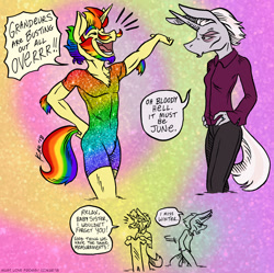 Size: 1100x1097 | Tagged: safe, artist:kaemantis, derpibooru import, dandy grandeur, zesty gourmand, anthro, mule, muleicorn, unicorn, comic:junior gala, brother and sister, clothes, duo, dyed facial hair, dyed hair, dyed tail, facial hair, female, gay pride, gradient background, june, male, moustache, pride, pride month, rainbow, rainbow hair, shirt, siblings, sideburns