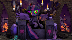 Size: 2920x1642 | Tagged: safe, artist:vinuldash, twilight sparkle, twilight sparkle (alicorn), alicorn, pony, 3d, candle, dark magic, fire, magic, solo, sombra eyes, throne, tyrant sparkle