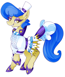 Size: 930x1089 | Tagged: safe, artist:uunicornicc, derpibooru import, sapphire shores, earth pony, pony, clothes, female, hat, looking back, mare, raised hoof, simple background, smiling, solo, top hat, transparent background