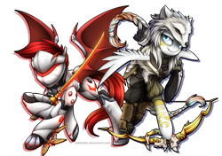 Size: 1700x1200 | Tagged: safe, artist:jadekettu, oc, oc only, oc:blaze emberbreath, oc:waffles, bat pony, pegasus, pony, bow, clothes, cosplay, costume, duo, genji (overwatch), hanzo (overwatch), overwatch, sword, wafflaze, weapon