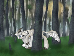 Size: 2048x1536 | Tagged: safe, artist:melonseed11, derpibooru import, oc, oc only, oc:misty dawn, pony, cloven hooves, female, forest, goat pony, horns, solo, tree