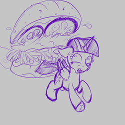 Size: 1280x1280 | Tagged: safe, artist:yakoshi, twilight sparkle, twilight sparkle (alicorn), alicorn, pony, burger, food, hay burger, monochrome, nightmare, scared, simple background, sketch, twilight burgkle, underhoof