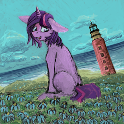 Size: 3000x3000 | Tagged: safe, artist:kingsleyrulz, twilight sparkle, pony, floppy ears, flower, high res, lighthouse, ocean, sitting, solo