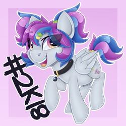 Size: 4000x4000 | Tagged: safe, artist:partylikeanartist, derpibooru import, oc, oc only, oc:aerial soundwaves, pegasus, pony, abstract background, choker, eye clipping through hair, female, hairclip, heart eyes, looking at you, mare, multicolored hair, multicolored mane, multicolored tail, open mouth, ponytail, ponyvillefm, record, scrunchie, simple background, smiling, solo, wingding eyes