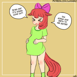 Size: 750x750 | Tagged: safe, artist:lumineko, derpibooru import, apple bloom, human, :3, :i, animated, apple, bait and switch, blushing, clothes, dx, eared humanization, fake pregnant, female, floppy ears, food, humanized, implied incest, implied macbloom, implied shipping, implied straight, labor, mommabloom, nichijou, pregnant, shirt, solo, speech bubble, tailed humanization, wait for it