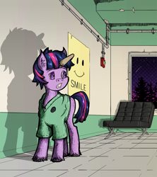 Size: 960x1080 | Tagged: safe, artist:dreamingnoctis, dusk shine, twilight sparkle, pony, anxiety, ask asylum twilight, asylum, barcelona chair, chair, fear, fire alarm, horn sleeve, magic suppression, male, night, point perspective, rule 63, scared, shadow, solo, stallion, window