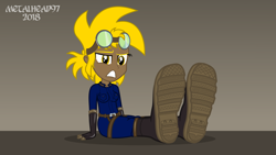 Size: 3999x2249 | Tagged: safe, artist:metalhead97, derpibooru import, oc, oc:golden gear, equestria girls, boots, equestria girls-ified, female, frown, gradient background, shoes, show accurate, simple background