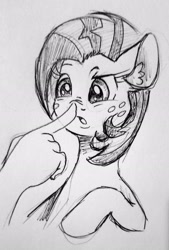 Size: 1741x2576 | Tagged: safe, artist:smirk, derpibooru import, babs seed, boop, monochrome, traditional art