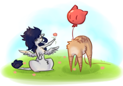 Size: 1183x827 | Tagged: safe, artist:lucitfandmlp, derpibooru import, oc, oc only, oc:lu flow, cat, balloon, flower, simple background, smiling, transparent background