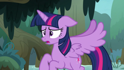 Size: 1280x720 | Tagged: safe, derpibooru import, screencap, twilight sparkle, twilight sparkle (alicorn), alicorn, the mean 6, everfree forest, floppy ears, flying, sad, shocked, solo, swamp, wings