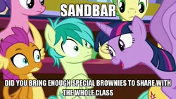 Size: 800x450 | Tagged: safe, derpibooru import, edit, edited screencap, screencap, sandbar, smolder, twilight sparkle, twilight sparkle (alicorn), alicorn, a matter of principals, image macro, implied weed, matter of principals, meme, pot brownies, text