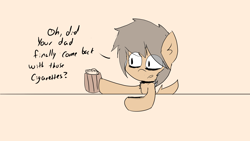 Size: 5120x2880 | Tagged: safe, artist:exxie, derpibooru import, oc, oc only, earth pony, pony, alcohol, bags under eyes, beer, chest fluff, collar, dialogue, drink, female, filly, flat colors, tavern, text