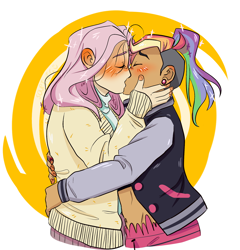 Size: 1280x1335 | Tagged: safe, artist:maddzroks, derpibooru import, fluttershy, rainbow dash, human, alternate hairstyle, blushing, clothes, ear piercing, earring, female, flutterdash, human coloration, humanized, jacket, jewelry, kissing, lesbian, piercing, shipping, sweater