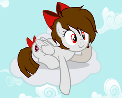 Size: 1500x1200 | Tagged: safe, artist:rsa.fim, derpibooru import, oc, oc only, oc:whisper hope, pegasus, pony, alternate hairstyle, cloud, female, mare, on a cloud, red eyes, ribbon, simple background, smiling, solo, tail wrap, unitárium