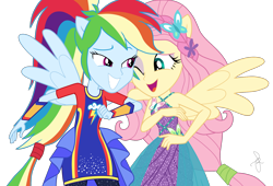 Size: 1590x1080 | Tagged: safe, artist:ilaria122, derpibooru import, fluttershy, rainbow dash, butterfly, equestria girls, equestria girls series, rollercoaster of friendship, alternate hairstyle, braid, clothes, dress, duo, female, flower, flower in hair, one eye closed, pants, ponied up, ponytail, simple background, smiling, super ponied up, transparent background