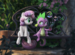 Size: 2500x1828 | Tagged: safe, artist:jotun22, derpibooru import, spike, sweetie belle, dragon, pony, unicorn, bubble, bubble pipe, female, filly, looking at each other, male, sitting