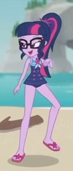 Size: 231x539 | Tagged: safe, derpibooru import, screencap, sci-twi, twilight sparkle, better together, equestria girls, unsolved selfie mysteries, clothes, cropped, feet, flip-flops, geode of telekinesis, one-piece swimsuit, sandals, solo, swimsuit