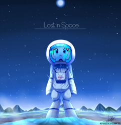 Size: 1120x1160 | Tagged: safe, artist:the-butch-x, derpibooru import, coco pommel, earth pony, pony, astronaut, bipedal, cocobetes, commission, crossover, cute, female, gasp, lost in space, mare, planet, solo, space, spacesuit, stars