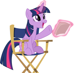Size: 7562x7513 | Tagged: safe, artist:shutterflyeqd, derpibooru import, twilight sparkle, twilight sparkle (alicorn), alicorn, pony, horse play, absurd resolution, chair, cute, director's chair, female, glowing horn, levitation, magic, mare, open mouth, script, simple background, sitting, smiling, solo, telekinesis, transparent background, twiabetes