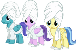 Size: 6823x4462 | Tagged: safe, artist:ironm17, clear skies, open skies, sunshower, pegasus, pony, absurd resolution, background pony, bathrobe, clothes, female, male, mare, simple background, slippers, stallion, towel, transparent background, trio
