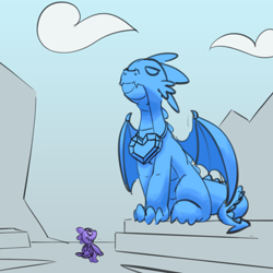 Size: 1280x1280 | Tagged: safe, artist:pabbley, derpibooru import, spike, dragon, 30 minute art challenge, cloud, looking up, male, partial color, sapphire, sky, statue, winged spike