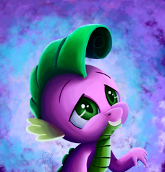 Size: 862x900 | Tagged: safe, artist:ssoldat, spike, dragon, celestial advice, baby, baby dragon, behaving like rarity, cute, eyebrows, green eyes, grin, male, scales, signature, smiling, solo, spikabetes