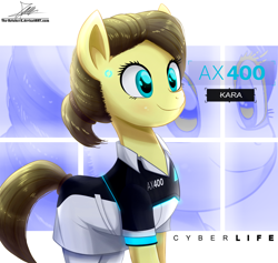 Size: 1120x1060 | Tagged: safe, artist:the-butch-x, derpibooru import, earth pony, pony, robot, robot pony, abstract background, android, ax400, commission, crossover, detroit: become human, female, gynoid, hair bun, kara, mare, ponified, smiling, solo