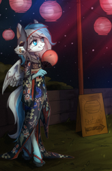 Size: 1280x1954 | Tagged: safe, artist:lonerdemiurge_nail, derpibooru import, oc, anthro, pegasus, unguligrade anthro, clothes, female, hand fan, japan, kimono (clothing), lantern, mare, night, paper lantern, sandals, solo