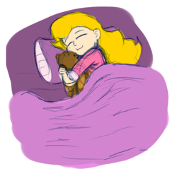 Size: 467x465 | Tagged: safe, artist:aa, derpibooru import, oc, oc only, oc:savannah smile, human, barely pony related, bed, blanket, clothes, human oc, humanized, humanized oc, light skin, pajamas, pillow, plushie, sleeping, smiling, solo, teddy bear