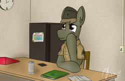 Size: 1904x1230 | Tagged: safe, artist:kamithepony, derpibooru import, oc, oc:rapiddeploy, 1st awesome platoon, clock, duty, marines, monster, refrigerator, solo, tired, waiting