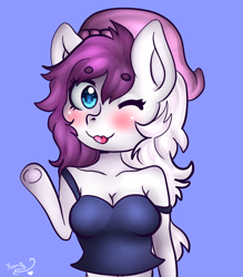 Size: 700x800 | Tagged: safe, artist:yumomochan, derpibooru import, oc, anthro, anthro oc, blinking, blue background, blushing, commission, digital art, original character do not steal, sexy, simple background, tongue out, ych result