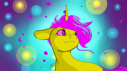 Size: 1280x720 | Tagged: safe, artist:fizzlesoda2000, derpibooru import, oc, oc only, pony, unicorn, abstract background, bright colours, eyebrows, eyestrain warning, looking at something, lyrics in the description, needs more saturation, signature, solo, swirly eyes, unnamed oc