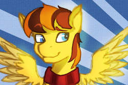 Size: 1080x720 | Tagged: safe, artist:fizzlesoda2000, derpibooru import, oc, oc only, oc:pen, pegasus, pony, bust, clothes, male, scarf, smiling, solo, spread wings, stallion, wings