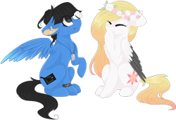 Size: 3000x2048 | Tagged: safe, artist:cinnamontee, oc, oc only, oc:ember, oc:sonica, butterfly, pegasus, pony, female, flower, flower in hair, high res, mare, simple background, sitting, transparent background