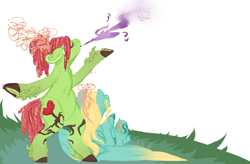 Size: 1000x656 | Tagged: safe, artist:eqq_scremble, derpibooru exclusive, derpibooru import, tree hugger, zephyr breeze, earth pony, pegasus, pony, alternate design, blowing, facing away, female, friendshipping, magic, male, pincushionzephyr, shipping, straight, zephyrhugger