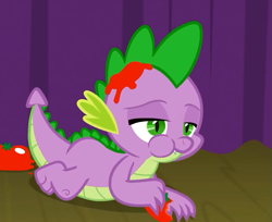 Size: 883x720 | Tagged: safe, derpibooru import, screencap, spike, dragon, horse play, claws, cropped, food, male, solo, tomato