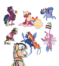 Size: 2000x2200 | Tagged: safe, artist:jackiebloom, derpibooru import, oc, oc only, oc:ambrosia apple, oc:aurora, oc:disco inferno, oc:kinyume, oc:twilight moonstone, oc:zap apple, earth pony, hybrid, mule, pegasus, pony, unicorn, zony, apple, asexual pride flag, blaze (coat marking), bow, clothes, female, food, hair bow, high res, leonine tail, lesbian pride flag, magical lesbian spawn, male, mare, mouth hold, offspring, pansexual pride flag, parent:applejack, parent:coloratura, parent:daring do, parent:pinkie pie, parent:rarity, parent:twilight sparkle, parent:zecora, parents:daringcora, parents:rarajack, parents:rarilight, pegamule, pride, pride flag, prone, rearing, simple background, socks (coat marking), sweater, tail bow, transparent background, upside down, zap apple