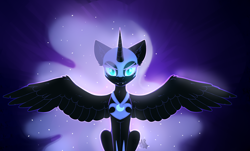 Size: 3380x2040 | Tagged: safe, artist:sugarstar, derpibooru import, nightmare moon, alicorn, pony, armor, fangs, female, gradient background, horn, looking at you, mare, simple background, sitting, slit eyes, smiling, solo, spread wings, wings