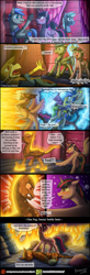 Size: 1000x3042 | Tagged: safe, artist:bonaxor, derpibooru import, discord, twilight sparkle, twilight sparkle (alicorn), oc, oc:firespite, oc:prince rigel, oc:sebastian, alicorn, bat pony, griffon, original species, comic:journey to the lunar republic, blushing, comic, fire, fire pony, magic, male, polish, stallion