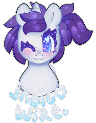 Size: 2767x3537 | Tagged: safe, artist:bunxl, derpibooru import, oc, oc only, oc:indigo wire, unicorn, badge, bust, female, looking at you, mare, one eye closed, ponytail, portrait, simple background, solo, transparent background, wingding eyes, wink