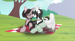 Size: 1024x571 | Tagged: safe, artist:ponycat-artist, derpibooru import, oc, oc only, oc:angel kitty, oc:shadow brisk, pegasus, pony, unicorn, boop, clothes, female, mare, noseboop, picnic blanket, prone, tongue out, tree
