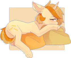 Size: 2050x1689 | Tagged: safe, artist:emily-826, derpibooru import, oc, oc only, oc:butterscotch, pony, unicorn, female, mare, pillow, prone, simple background, solo, transparent background, underhoof, ych result