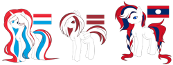 Size: 1024x391 | Tagged: safe, artist:cosmicwitchadopts, derpibooru import, earth pony, pegasus, pony, unicorn, female, laos, latvia, luxembourg, mare, nation ponies, ponified, simple background, transparent background