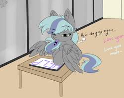 Size: 1200x949 | Tagged: safe, artist:aurorafang, derpibooru import, oc, oc only, oc:cherishquill, pegasus, pony, dialogue, female, filly, flat colors, house, mare, marker, mute, whiteboard, window