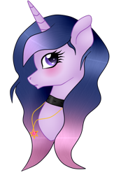 Size: 500x766 | Tagged: safe, artist:cindydreamlight, derpibooru import, oc, oc only, oc:miss shimmer, pony, unicorn, blushing, bust, collar, female, mare, portrait, simple background, solo, transparent background