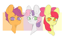 Size: 2000x1300 | Tagged: safe, artist:calcifei, apple bloom, scootaloo, sweetie belle, earth pony, pegasus, pony, unicorn, bust, cutie mark crusaders, female, filly, no pupils, portrait, simple background, white background