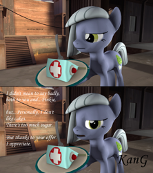 Size: 1920x2165 | Tagged: safe, artist:kmg0047, limestone pie, pony, 3d, ask, cake, food, fork, solo, tumblr